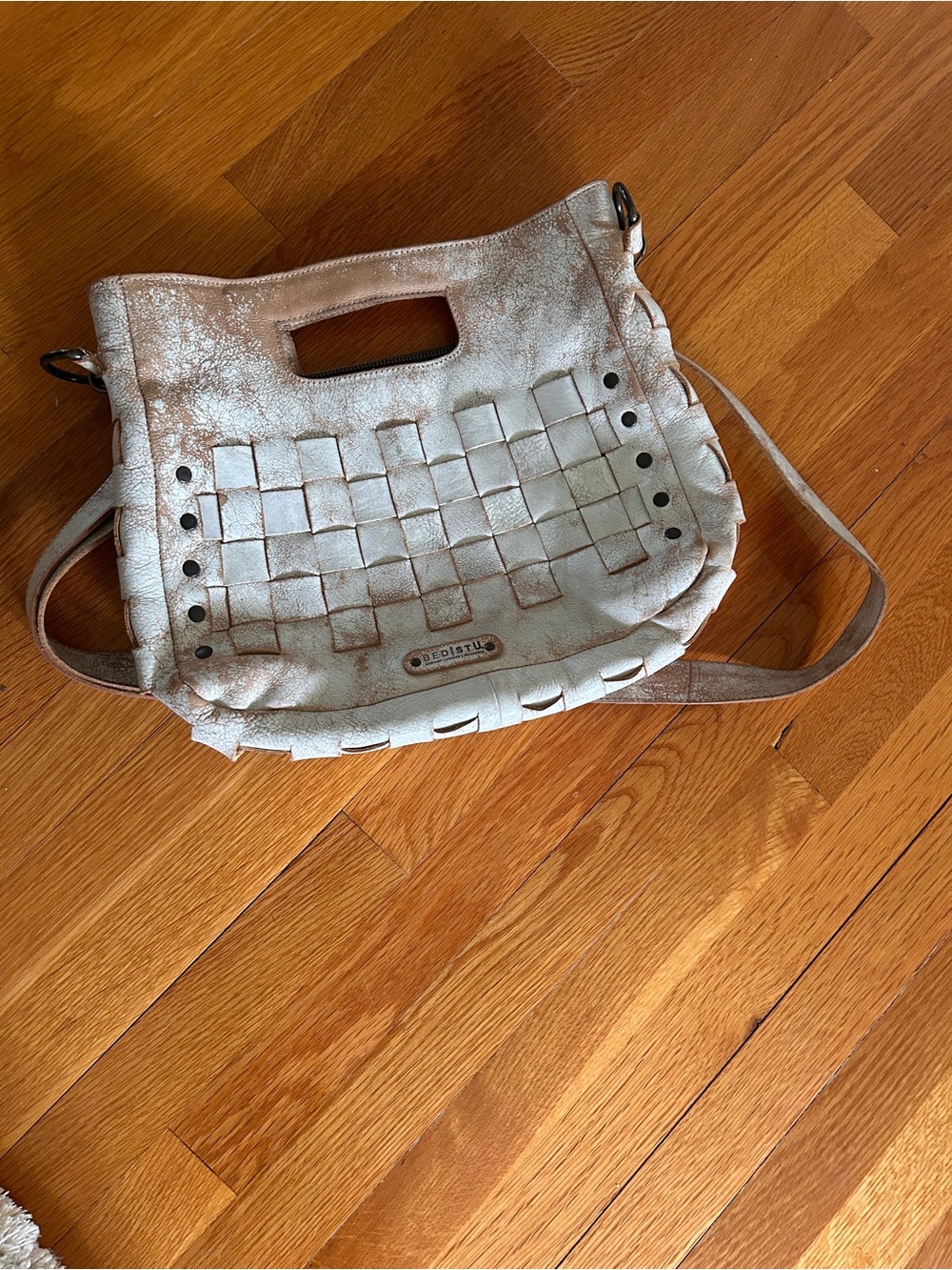 Bed Stu White Distressed Woven Shoulder Bag